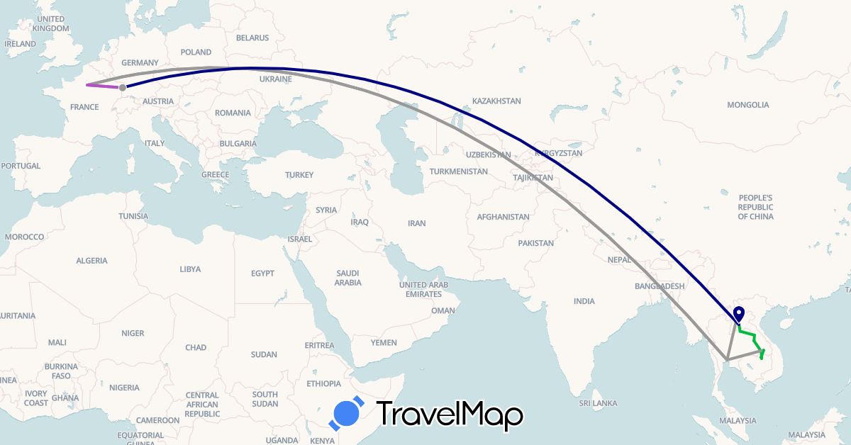 TravelMap itinerary: driving, bus, plane, cycling, train in France, Laos, Thailand (Asia, Europe)